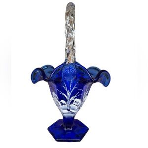 Fenton Blue Glass Art Basket with Hand Painted Winter Scene w/ Red Cardinal